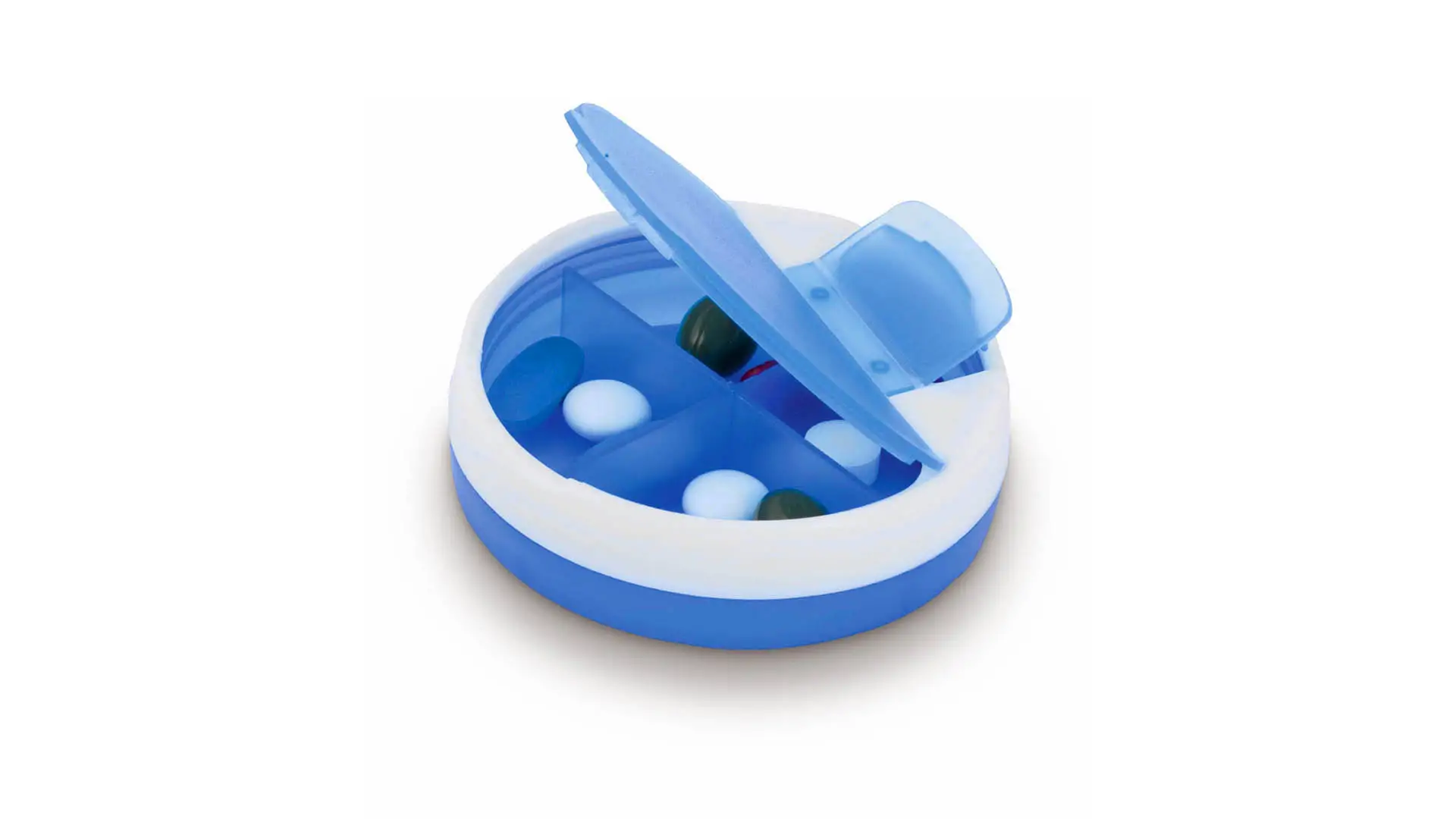 Porta Pillole 4 Scomparti con Dispenser Personalizzato Ideale come Gadget per Medici, Studi Medici, Farmacie